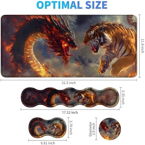 4Pcs Memory Foam Keyboard Wrist Rest Desk Mat Set, Dragon Lion - Image 5