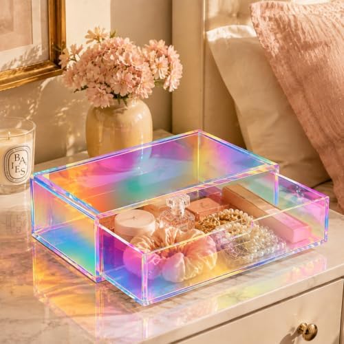 Gelite Acrylic Desk Organizer with Drawer for Makeup Vanity Stackable Desktop Storage Box for Office Supplies, 13.8 x 9.8 x 3.9’’, Iridescent - Image 7