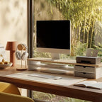 Fenge Monitor Stand, Desk Computer Riser with Frosted Storage Drawer, Oak - Image 2