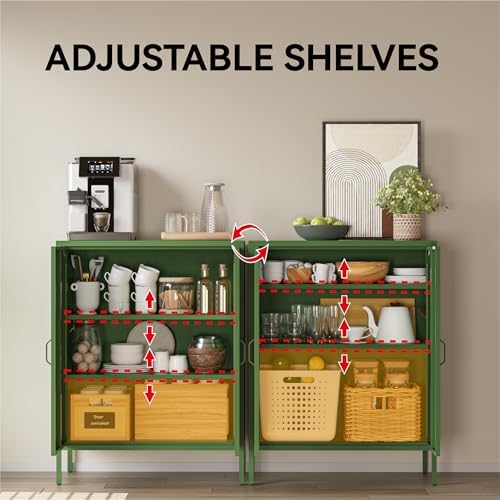 COFaR Forest Green Metal Cabinet, 40” Kitchen Pantry & Coffee Bar Cabinet, 3-Tier Adjustable Shelf Organizer with Magnetic Doors, Rustic Modern Sideboard for Dining Room, Home Office - Image 5
