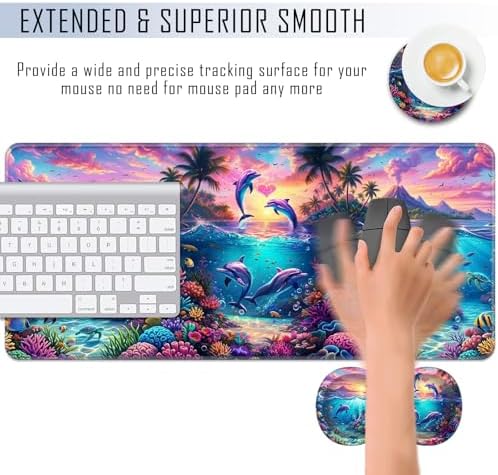 TGFEWYTJYJ Extended Gaming Mouse Pad,Memory Foam Ergonomic Keyboard Mouse Wrist Rest Support Set,Large Desk Mat with Stitched Edges,Non-Slip Base Mousepad Home Office,Dolphin Dream Underwater - Image 4