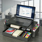 ECOLOVI Desk Organizer and Accessories, 2-Tier Computer Monitor Stand Rise with Storage Drawer & 2 Pen Holders, Laptop & Printer Stand for Desktop, Workspace Organizers for Office Supplies (Black 2-Pack)) - Image 4