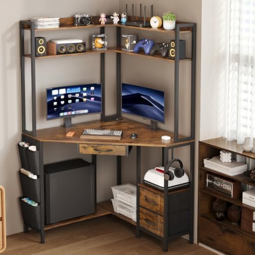 VENNQD Corner Desk with Drawers Shelves, Office Desk with Hutch, Triangle Corner Gaming Computer Desk with Storage Bag, Power Outlets and Hook for Home Office Workstation (Rustic Brown) by VENNQD