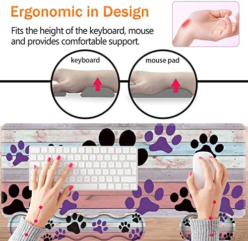 Large Gaming Mouse Pad, Keyboard Wrist Rest + Mouse Wrist Pad + Coaster Combination Set, Memory Sponge Non-Slip Base. Suitable for Office and Home, Rainbow Wood Grain Black and Purple Dog paw - Image 3