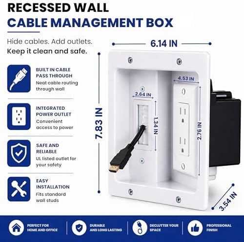 Premium in Wall TV Cable Management Kit for 65+ Inch Smart TVs with Recessed Triple Outlet Box, Wire Hider, Pass Through Plate, Low Voltage Cable Plate, Wire Concealer, Home Theater DIY - Image 3