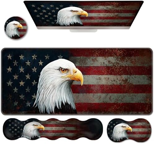 Ergonomic Keyboard Wrist Rest & Mouse Pad Wrist Rest Set,XL Gaming Desk Mat 31.5"x 11.8",Non-Slip Base,Memory Foam,Easy Typing Pain Relief for Office & Home,Vintage USA Flag Bald Eagle by Unknown
