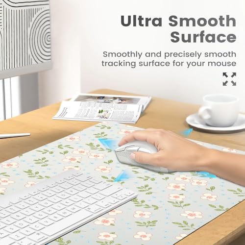 Pastel Ditsy Floral Office Desk Mat 31.5" x 15.7" Desktop Mat PU Leather Large Mouse Pad White Mousepad Non-Slip Table Mat for Girls, Women, Home, Work, Computer, and Gaming - Image 4
