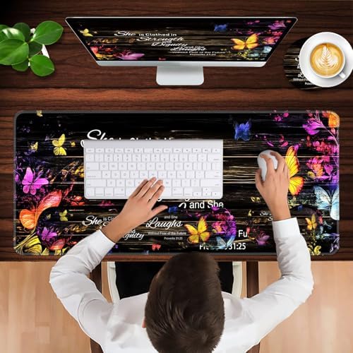 Keyboard Wrist Rest and Mouse Pad with Wrist Support Set Ergonomic Coaster,Memory Foam,Easy Typing Pain Relief,Large XL Desk Mat 31.5"x 11.8",Floral Butterfly Bible Verse Proverbs 31-25 - Image 4