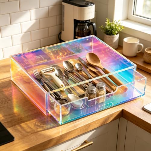Gelite Acrylic Desk Organizer with Drawer for Makeup Vanity Stackable Desktop Storage Box for Office Supplies, 13.8 x 9.8 x 3.9’’, Iridescent - Image 6