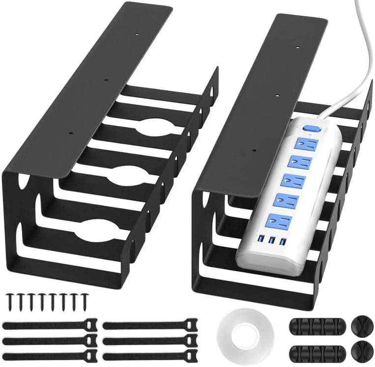 Delamu 2 Pack Metal Under Desk Cable Management Tray, U Channel Cord Organizer Box, Office Under Desk Cord Organizers, Cable Management with Various Accessories, Black, 15.75 Inches by DELAMU