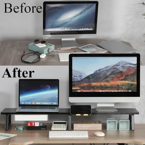TEAMIX 42 inch Dual Monitor Stand with Storage Drawer & Phone Holder, Black - Image 5