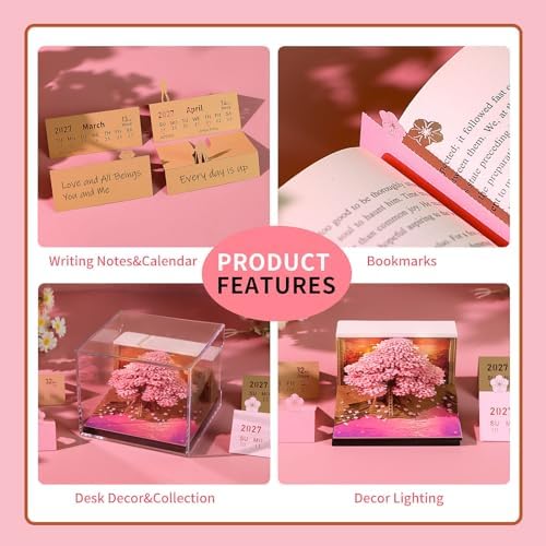 3D Calendar 2027 With LED Lights,3D Desk Calendar Memo Pad 2027,3D Art Calendar Memo Pad 2027,Tear-Off Paper Sculpture Desk Calendar,3D Paper Art Notepad,Cherry-Tree Desktop Decoration,New Year,Christmas Gift (Cherry-Tree) - Image 4