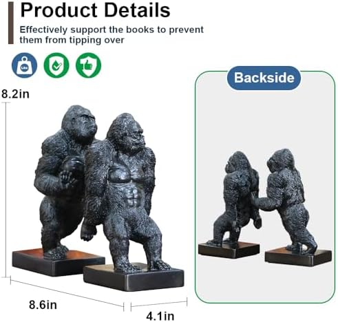 Decorative Bookends, Art Book Ends for Heavy Books, Heavy Bookends for Shelves, Vintage Non-Slip Base Book Holder, Resin Book Stopper for Home Office Decor (Black Gorilla) - Image 3