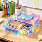 Gelite Acrylic Desk Organizer with Drawer for Makeup Vanity Stackable Desktop Storage Box for Office Supplies, 13.8 x 9.8 x 3.9’’, Iridescent - Image 4