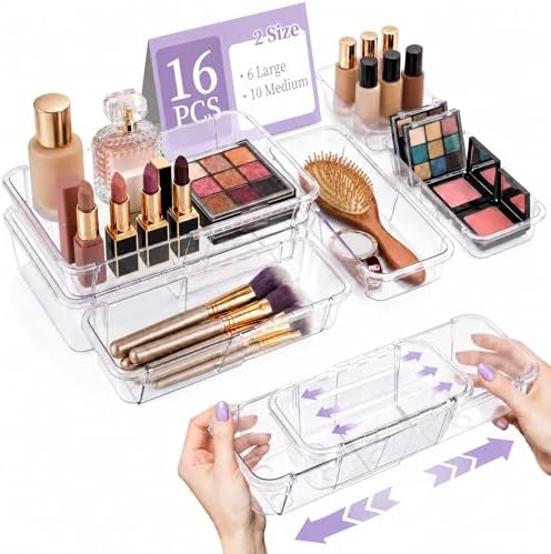 16 Pcs Extendable Clear Drawer Organizer|2-Size Expandable Drawer Dividers by Unknown