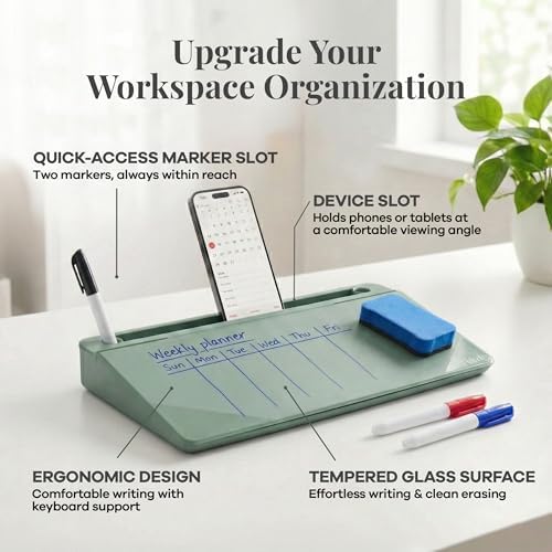Birch Desktop Glass Whiteboard with Magnetic Weekly Calendar – Dry Erase Board, Keyboard Stand, Hidden Storage, Adjustable Dividers, 3 Markers & Eraser – Office, Home, School – Moss - Image 2