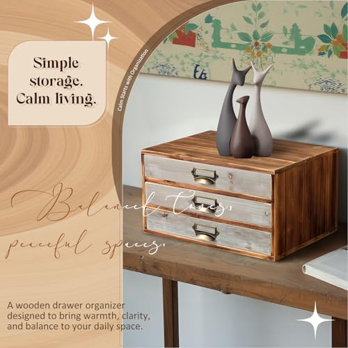 Stackable Modular Desktop Drawer Organizer, Aged Vintage Wood Grey 3-Drawer Storage Unit with Label Pull Handles, 2 Tone Wooden Japandi Style, Expandable by Adding More Units for Clutter-Free Spaces - Image 6