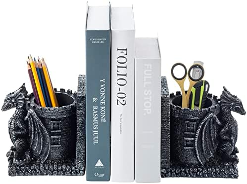 MyGift Gothic Dragon Bookends with Castle Pencil Cup, Black Resin, 1 Pair - Image 5