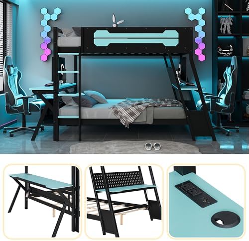 Polibi Full Over Full Bunk Bed with 2 Built-in Gaming Desks, USB Charging Ports & Pegboard Organizer, Heavy-Duty Gaming Bed Frame for Teens/Adults, Blue (Full Size) - Image 3