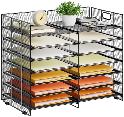 Marbrasse 12 Slots Desktop Literature Organizer, 7-Tier Mesh Paper Organizer for Desk, Adjustable Mail File Sorter Tray with Handle, Desktop Classroom Mailbox Cabinet for Office Home School, Black by Marbrasse
