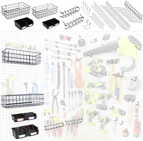 Peg Board Hooks for Hanging Tools with Bins and Baskets – Tool Organization Accessories Kit – Organizer Set of 1 inch, 2 inch, 4 inch L Hooks, J Hook, Pliers Rack, Screwdriver Holder by RightArrange
