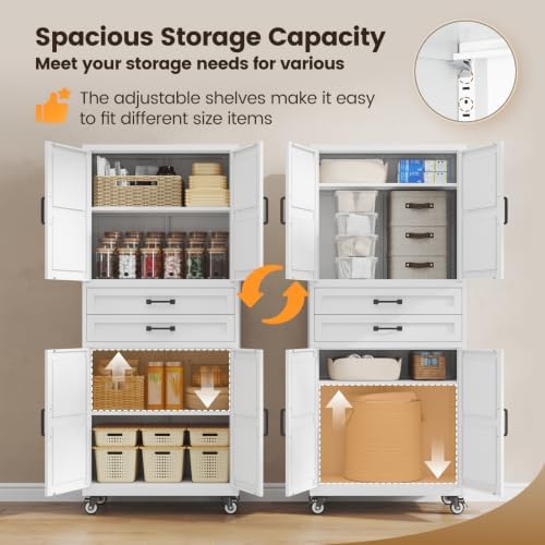 White Metal Garage Storage Cabinet Rolling Kitchen Storage Pantry Cabinet - Image 5
