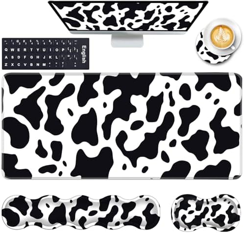 Keyboard Wrist Rest and Mouse Pad with Wrist Support Set Ergonomic Coaster,Memory Foam,Easy Typing Pain Relief,Large XL Desk Mat 31.5"x 11.8",Cute Cow Print by CICPLKSE