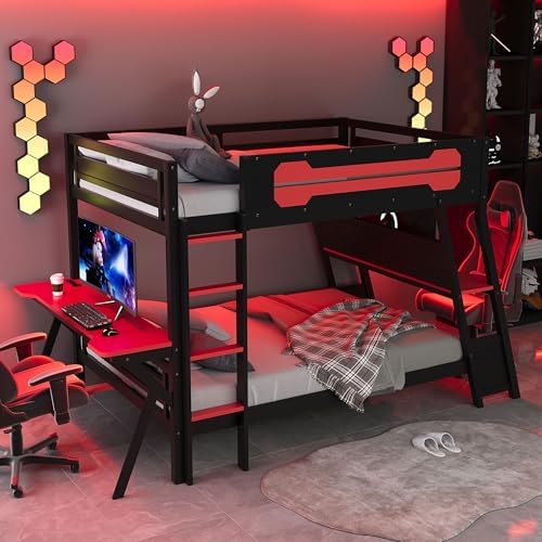 Polibi Full Over Full Bunk Bed with 2 Built-in Gaming Desks, USB Charging Ports & Pegboard Organizer, Heavy-Duty Gaming Bed Frame for Teens/Adults, Red (Full Size) - Image 7