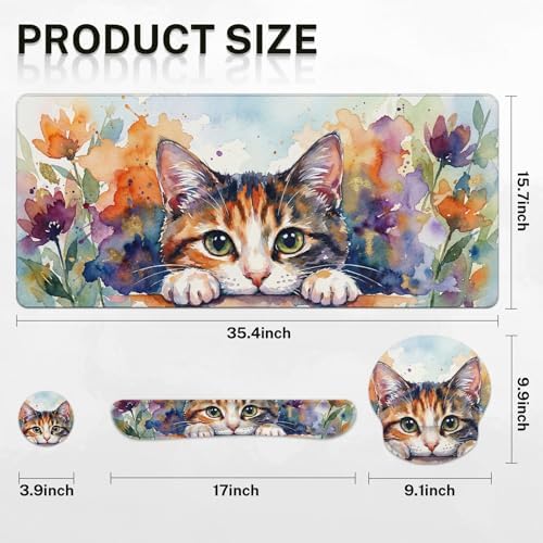 Arttown Keyboard Mouse Pad Set, 4 in 1 Desk Mat Set Cat Floral - Image 2