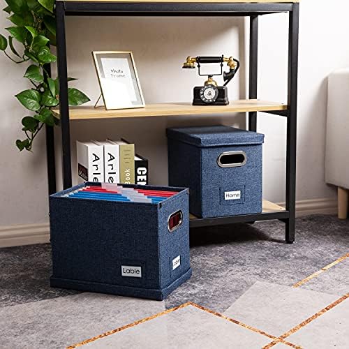 PRANDOM File Organizer Box - Set of 4 Collapsible Decorative Linen Filing Storage Hanging File Folders with Lids Office Cabinet Letter Size Navy Blue (14x9.3x10.8 inch) - Image 3