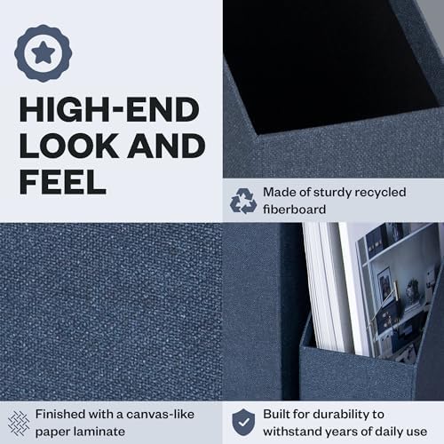 Bigso Box of Sweden Estelle Canvas Fiberboard Upright Magazine Holder and Organizer for Papers and Catalogs with Leather Handle - Magazine File Holder for Office Desks - 12.6in x 4.5in x 9.8in - Blue - Image 4
