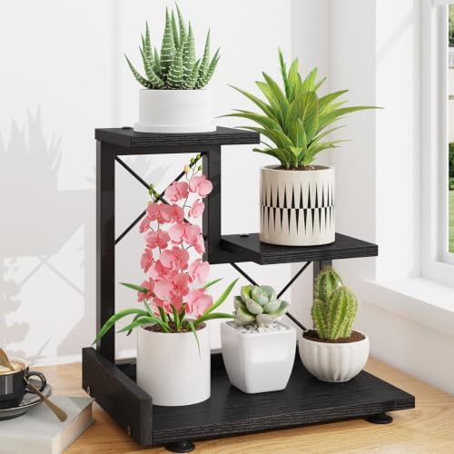 LASZOLA Plant Stand Indoor Tabletop Shelf Small for Desk, Wooden Black by LASZOLA