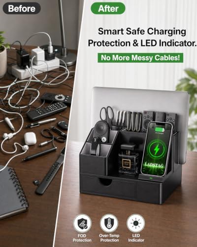 LADSTAG Leather Phone Docking Station for Men - Desk or Nightstand Organizer - Birthday Gifts for Husband, Dad - Anniversary Idea from Wife - Key Holder, Stand Wallet, Watch & Essentials - Image 5
