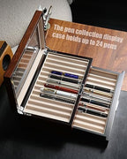 wood pen display case 24 slot Fountain pen Box storage Organizer with drawer, Top Glass Window Pen Collection Display Case - Image 2