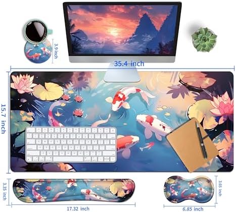 4-Piece Extended Large Mouse Pad Set for Women Men with Colorful Koi Design Includes 35.4 x 15.7 XXL Large Mouse Pad Keyboard Wrist Rest Mouse Wrist Support and Coaster for Office Home - Image 5