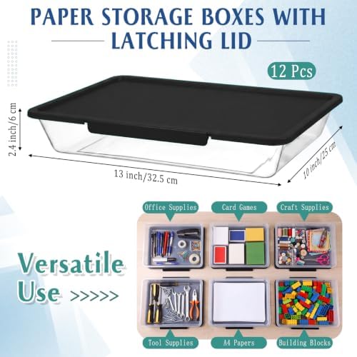 Tinlade 12 Pack Classroom Clear Paper Storage Bins with Lids, Black - Image 2