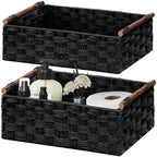 Vagusicc Wicker Storage Basket, Set of 2 Hand-Woven Paper Rope Wicker Basket for Organizing with Handle Decorative Storage Bins for Counter Pantry Shelves Toilet Paper Basket for Toilet Tank Top,Black by Vagusicc