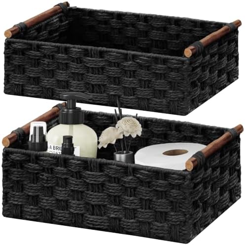 Vagusicc Wicker Storage Basket, Set of 2 Hand-Woven Paper Rope Wicker Basket for Organizing with Handle Decorative Storage Bins for Counter Pantry Shelves Toilet Paper Basket for Toilet Tank Top,Black by Vagusicc