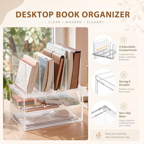 Ripeng Acrylic Desk Organizer with 2 Drawers, Vertical File Holder with 5 Detachable and Adjustable Dividers, Clear Desk Organizers and Accessories for Home, Office, School - Image 3