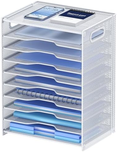 OUTWOLF 10 Tier Paper Organizer - Letter Tray Mesh Desk File Organizer with Handles for Office School Desktop, White by OUTWOLF
