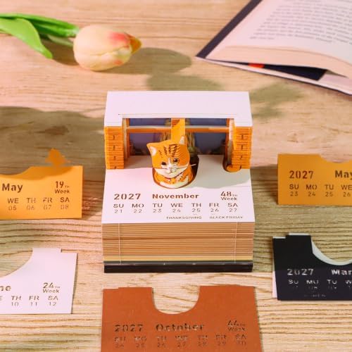 2027 3D Paper Carving Desk Calendar With LED Light (Orange Cat) - Image 2
