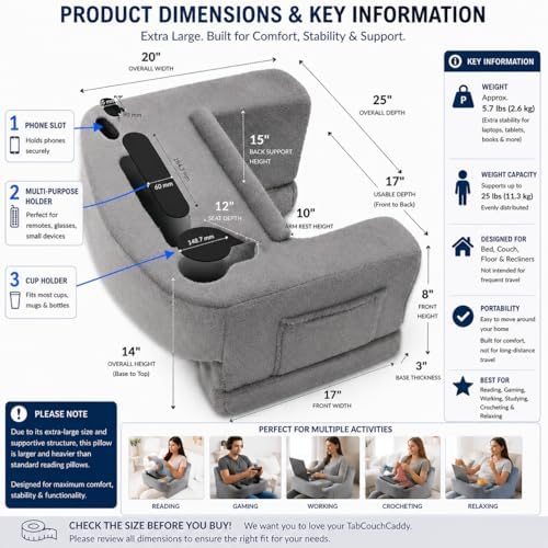 Reading Pillow for Gaming – Extra Large Lap Desk & Arm Rest with Cup & Phone Holder, Adjustable Heights, Laptop Support, Large Pockets – Comfortable for Work, Gaming & Crocheting (Furry Grey) - Image 2