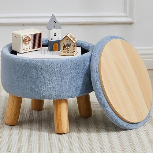 Small Foot Stool Ottoman with Storage, Soft Faux Fur Ottoman Foot Rest for Couch, Round Footstool with Storage, Small Ottomans and Footstools for Living Room and Entryway (Light Blue) by FIMIVIBI