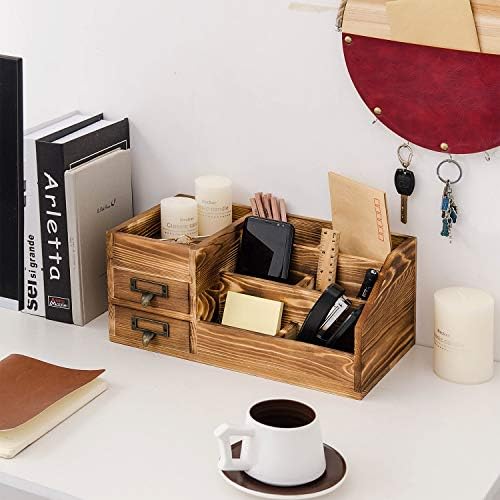 Liry Products Rustic Wooden Desktop Organizer Office Supplies Brown Tabletop Storage Cabinet Stepped Rack Multiple Compartments 2 Tier Drawers Makeup Accessory Jewelry Sorter Display Box Home Office - Image 6