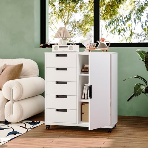 MIIIKO 5 Drawer Storage Cabinet with Door and Shelf, Mobile Lateral Cabinet on Wheels, Office Small Organizer Printer Stand, White File Cabinets - Image 2