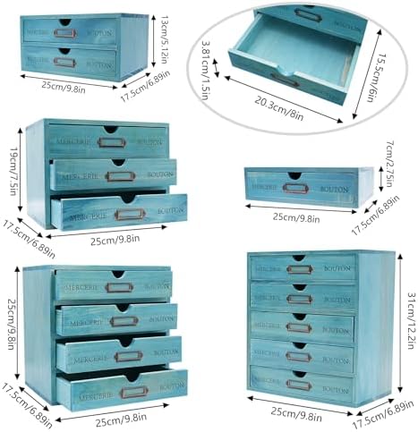 5 Pcs Desktop Storage Organizers,15 Drawers Cabinet for Tabletop,Wooden Stackable Organizer,Blue - Image 3