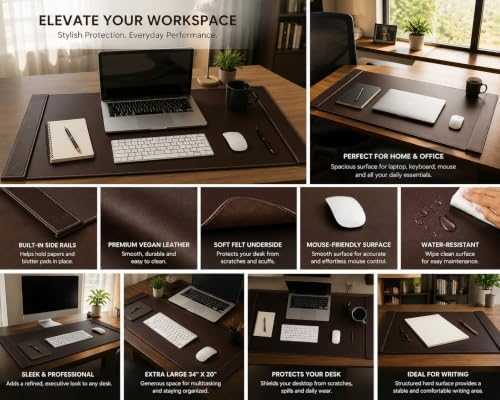 Leather Desk Pad with Side Rails, Paper Holder and Desk Protector,Ideal Ideal for Writing, organizing, and safeguarding desks at Home or Office in Style - Image 5