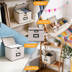 Large Square Storage Bin with Lid, Foldable Organizer Box with Handles & Label Design, for Office, Closet, Home, Documents, Grey, 12.20 x 10.63 x 10.63 Inches, 4 Pack - Image 6