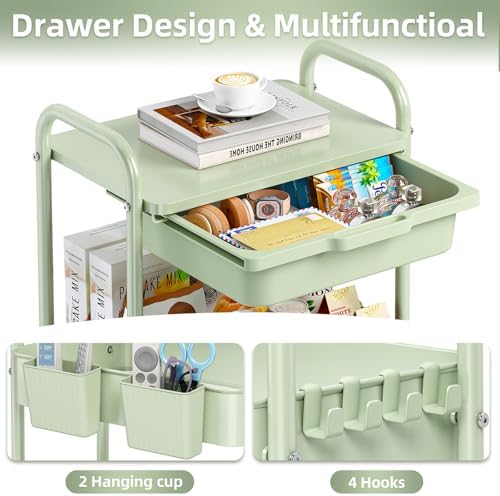 KINGRACK 3 Tier Metal Rolling Cart with Drawer, Green Utility Storage Cart - Image 3