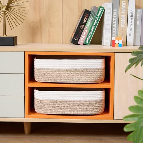 MiniArk Large Shallow Organizing Baskets 15x11x5.1 Inches - Rope Woven Storage Bins for Bathroom, Shelves, Cube Closet, White Mixed Brown 3 Packs - Image 4